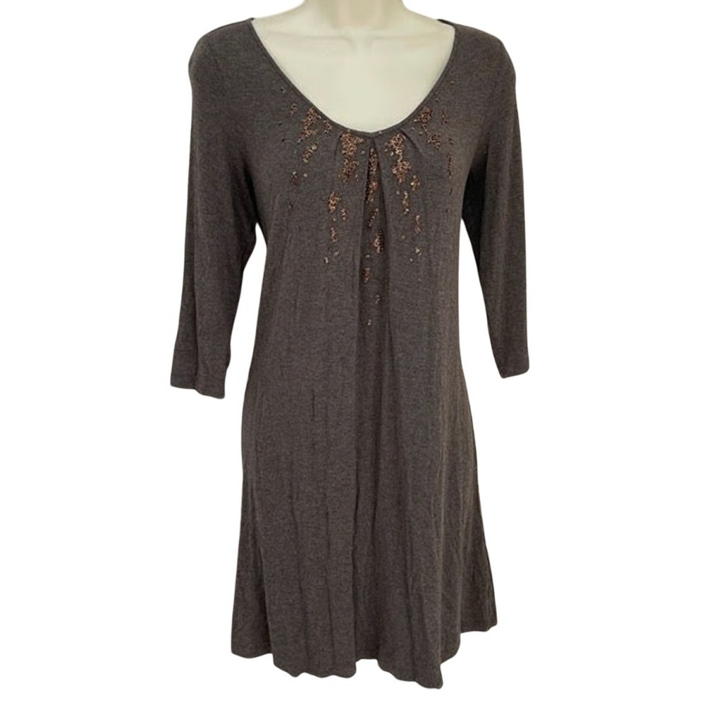 Eileen Fisher Beaded Brown‎ 3/4 Sleeve Embellished V Neck Knit Dress Size Small